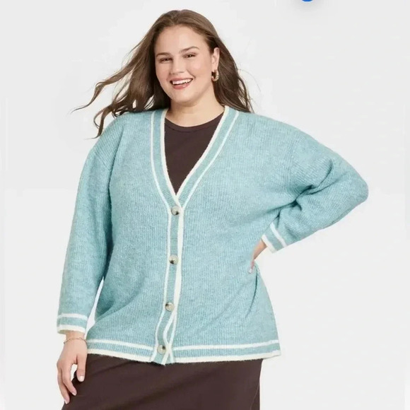 A New Day blue/green Button Down varsity Cardigan.  size M - Picture 1 of 8